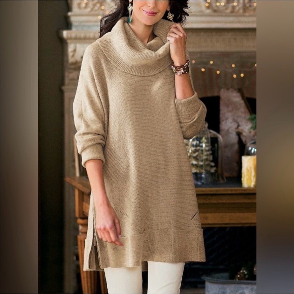 Soft Surroundings Womens S/M Cowl Neck Chunky Tunic Sweater Tan cashmere blend